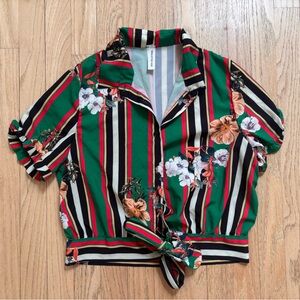 Green Striped Floral Tie-Hem Women’s Top by New Collection